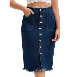 Women's Denim Skirt Knee Length Raw Hem Button Down Pencil Skirts